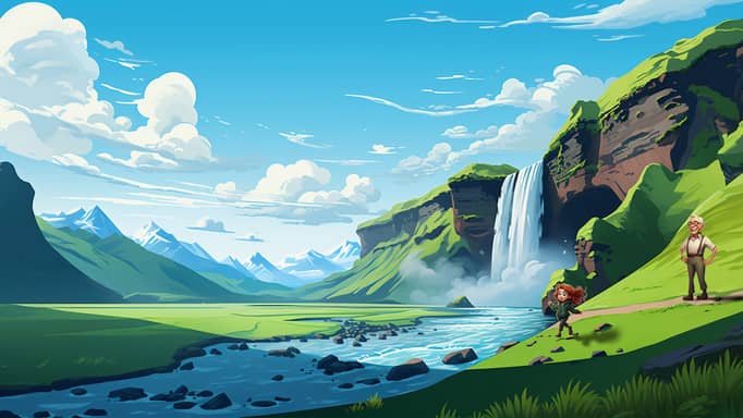 Digital illustration of a vibrant Icelandic landscape with a grand waterfall cascading down a green cliffside, a river flowing into the distance, snow-capped mountains in the background, and a grandpa with a child playing by the water under a blue sky with fluffy clouds.