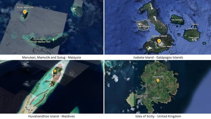 Satellite images of Manukakan, Mamutik, Sulug, Isabela Island, Huvahandhoo Island and Isles of Scilly