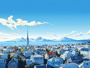 Digital illustration of a panoramic view of Reykjavik, Iceland, with the Hallgrimskirkja church prominently rising above colorful houses, overlooking a bay with mountains in the distance under a bright blue sky with fluffy clouds