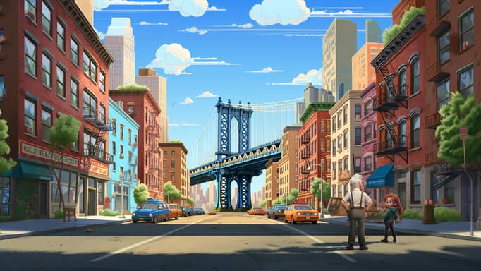 Digital illustration of a grandpa and a young girl standing in the middle of a street in New York City, with the iconic Manhattan Bridge in the background, flanked by traditional red and blue brick buildings under a clear blue sky with scattered clouds.
